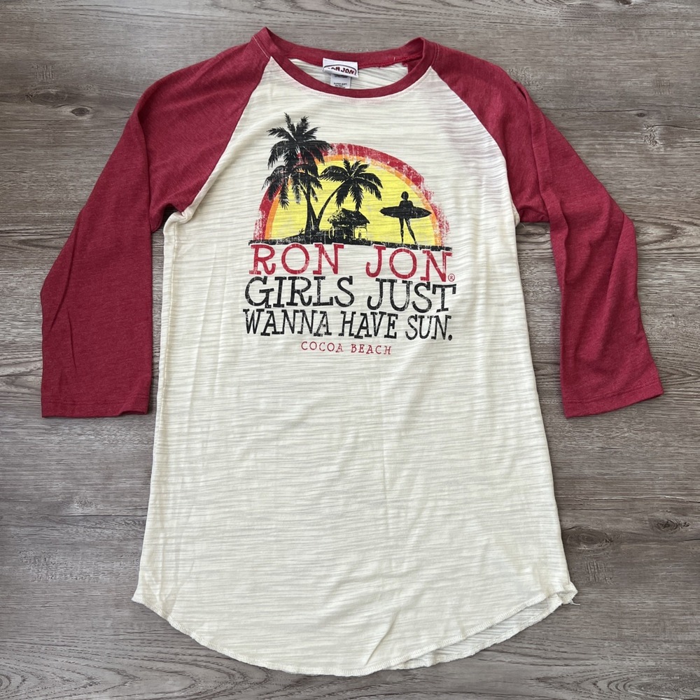 Ron Jon Surf Shop Raglan Tee Womens S "Girls Just Wanna Have Sun" Cocoa Beach